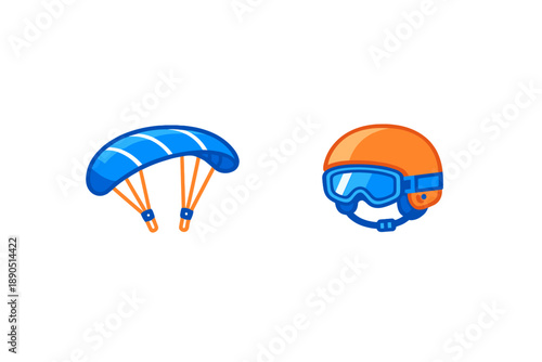 Paragliding equipment on a white background showing a blue parachute and an orange helmet with goggles