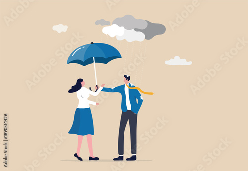 Altruism selfless principle for leadership to protect team and success together, gentleman or team support and caring, respect or empathy concept, kindness businessman offer umbrella to protect woman.