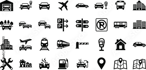 Transportation and city vector icons set, black symbols for cars, parking, airport, bus, train, maps, navigation, urban mobility design graphics