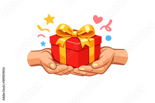 Hands pass a red gift box with a yellow bow and colorful decorations, showing the joy of giving and receiving presents during a celebration