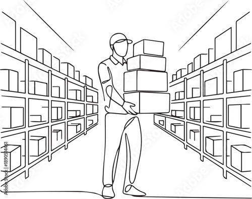 Warehouse worker carrying boxes between storage shelves from a front viewpoint