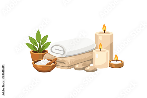 Relaxation setup with towels, candles, stones, and plants for a spa treatment in a calming atmosphere