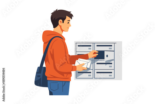 Young man checks mail at a mailbox while holding letters in his hand and wearing a backpack during the day