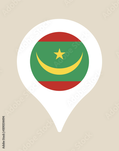 Mauritania flag inside a white map location pin icon for national travel and geography on an isolated background.