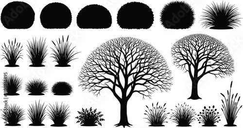 Tree and bush vector silhouettes set, black plants collection with shrubs, grasses, deciduous trees for landscape, garden, nature graphic design