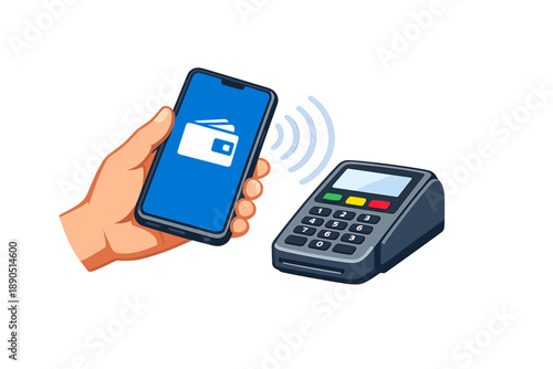 Hand holding phone next to payment terminal during contactless transaction in a store setting