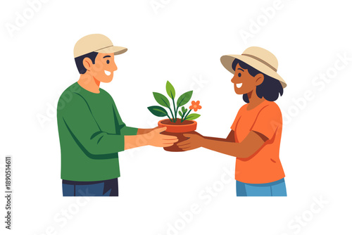 Two people sharing a potted plant on a sunny day in a garden setting, showing cooperation and joy in plant care and friendship
