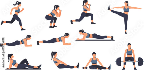 Illustration of woman performing ten diverse fitness exercises including cardio, strength, and flexibility for health visuals