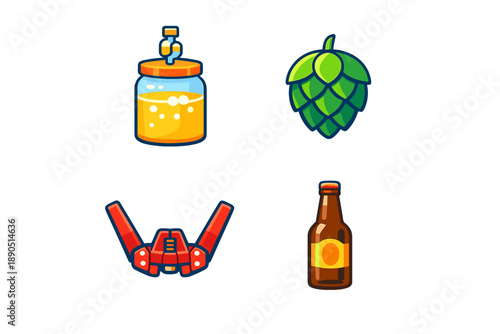 Different elements used in brewing beer including a jar of beer, hops, brewing equipment, and a bottle of beer