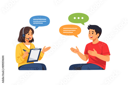 Two people in conversation with speech bubbles above their heads in a simple setting during daytime