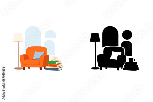 Illustration shows a living room with an orange chair, a lamp, books stacked, and a table with a cup of coffee, contrasting with a black silhouette version of the same scene