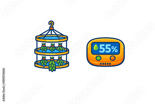 Hanging plant holder with plants and a humidity monitor showing 55 percent in a simple indoor setting