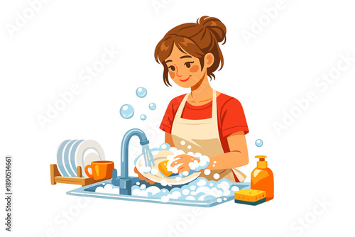 Washing dishes in a kitchen sink during late afternoon with soap bubbles and kitchen items arranged neatly on the counter