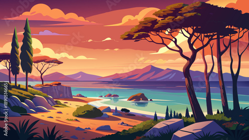 Very beautiful coastal scenery with stone pine trees silhouetted against a glowing sunset over a calm beach in Tuscany, Italy.