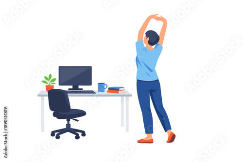 Person stretches at desk during workday in home office setting near computer and plant in bright space