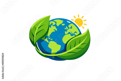 Global symbol of nature with green leaves and sun shining over the Earth in a simple design representing sustainability and environmental awareness