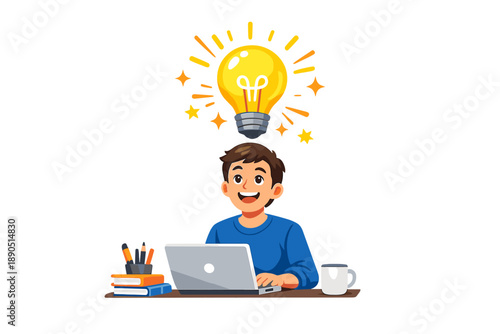 Boy sitting at desk with laptop and light bulb above head showing a moment of inspiration during a study session at home
