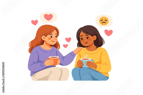 Friends share cups of coffee while having a conversation about feelings in a cozy setting indoors during a sunny afternoon