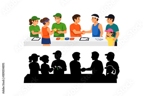 People engaged in a sports registration event at an outdoor location with various activities and interactions taking place among participants