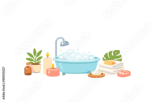 Relaxation starts with a bath filled with bubbles surrounded by candles, towels, and plants on a simple countertop