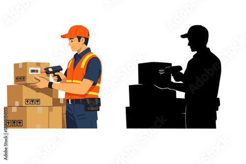 Worker scans boxes in a warehouse during the day to ensure proper tracking of inventory and shipments in a busy logistics environment