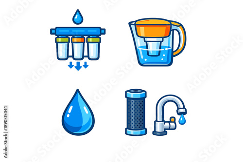 Water filtration process shows steps to clean water using filters and pitchers with icons showing filtration systems and water drops