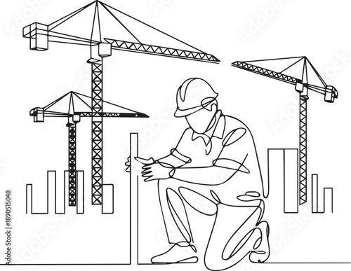 Construction worker kneeling while inspecting plans amidst cranes at building site