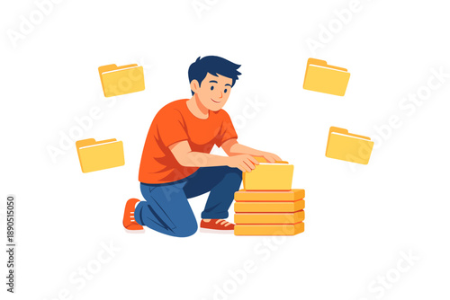 Organizing files by stacking folders and sorting them in a workspace during a daily task in an office environment