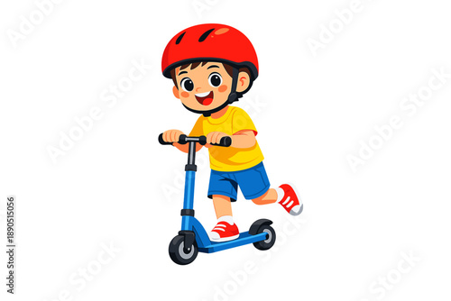 Child rides a scooter with a helmet in a fun outdoor scene during a sunny day in a neighborhood park