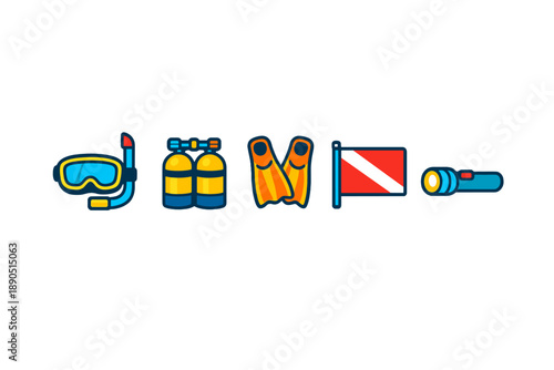 Diving gear layout showing snorkel, tanks, fins, dive flag, and flashlight in a basic arrangement
