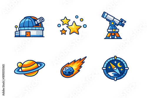 Stars and planets displayed in a graphic set featuring space themes, telescopes, and discovery tools in a simple design for educational purposes