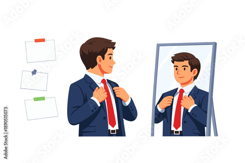 Man adjusting tie while looking at mirror in office setting with notes on board in background during morning hours