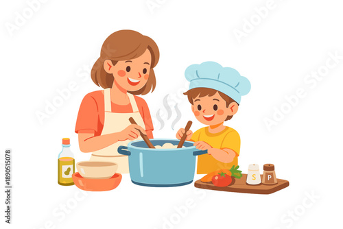 Mother and son cook together in the kitchen, mixing ingredients in a pot while enjoying their time and learning about food preparation