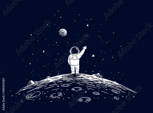 Astronaut moon surface. Cartoon spaceman space galaxy cosmos universe planet star, cosmonaut sketch doodle art science astronomy mission crater orbit satellite vector illustration