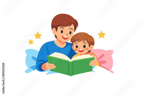 Parent and child reading a book together at bedtime in a cozy bedroom with pillows and soft colors