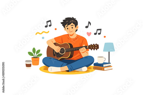 Young man plays guitar while sitting on the floor at home with plants, coffee cup, books, and music notes around in a cozy atmosphere during the day