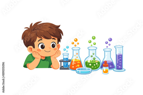 Young boy watches colorful liquids in glass containers during a science experiment at home or in a classroom setting