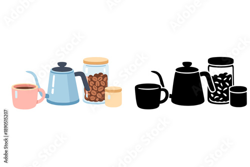 Coffee setup with kettle and jars showing coffee beans and cups in colorful design on a simple background