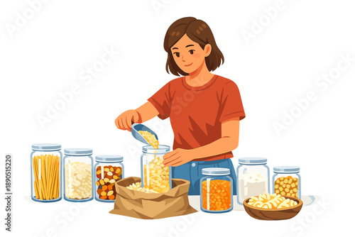 Person sorts and packs snacks in jars at a table during the day for meal preparation and organization