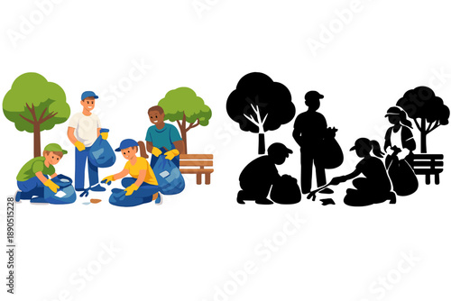 Group of people cleaning a park and picking up litter while enjoying a sunny day in the city with trees and benches nearby