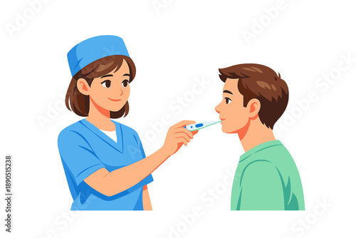 Nurse checks temperature of patient during a routine medical checkup in a clinic setting