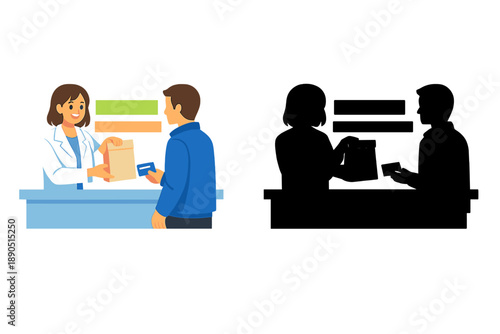 Customers receiving items at a service counter in a store during daylight, with a person wearing a lab coat assisting a customer by handing over a bag