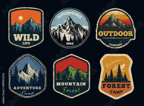 Camp vintage patches. Outdoor adventure hiking travel mountain forest, retro camping logo sticker badge emblem expedition rustic nature patch classic design set vector illustration