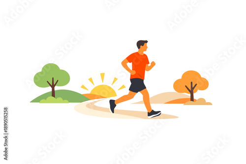 Man runs on a winding path in a green park during sunrise surrounded by trees and colorful landscapes in the background