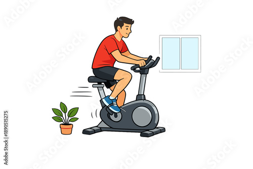 Man exercises on stationary bike in home gym near window on a bright day with a green plant in a pot