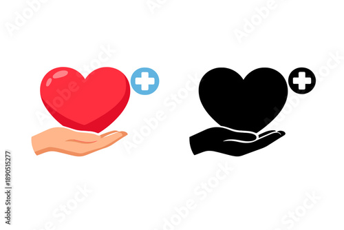 Heart symbol with health cross in hand design showing support and care for health in simple graphic style