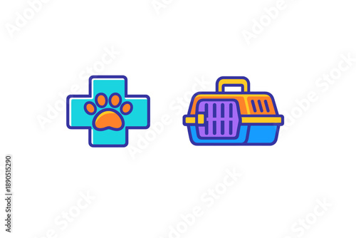 Vet clinic symbol with pet paw and animal carrier design on a bright background showing pet care elements