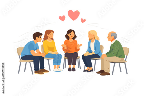 Group of people sitting in a circle discussing emotions and sharing thoughts during a session of connection and support in a warm environment