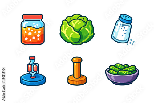 Different items for making pickles including jars, vegetables, salt, and tools arranged on a white background during a food preparation session in a kitchen