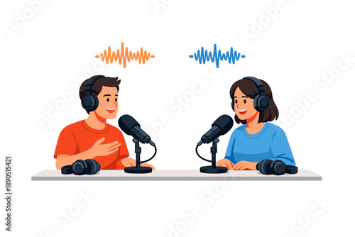 Two people talk into microphones during a podcast recording in a studio setting with sound waves above their heads showing they are engaged in conversation